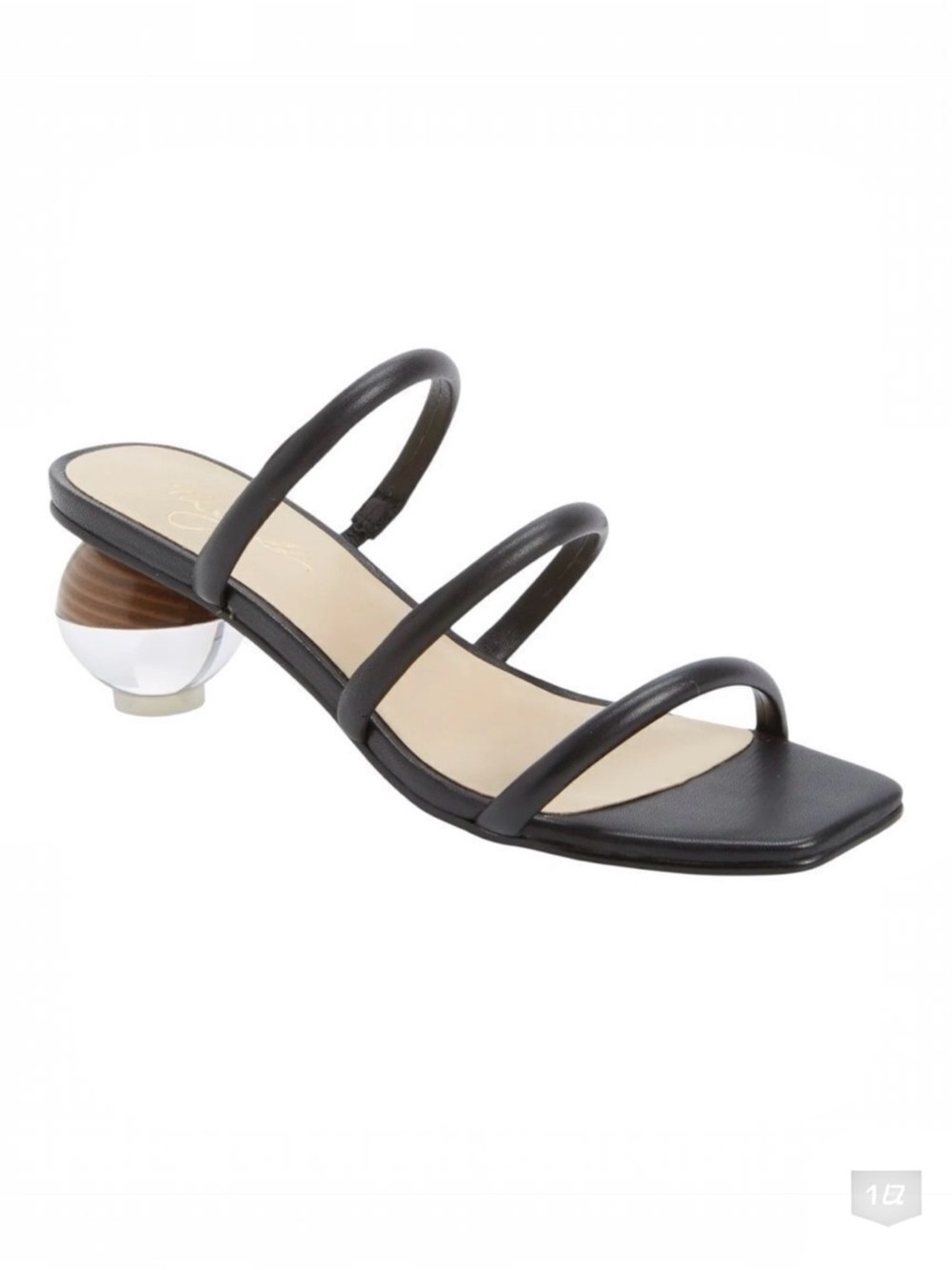 42‎ Gold Motif Black Leather Sculpture Orblike Heel Slide Sandal Size 9
